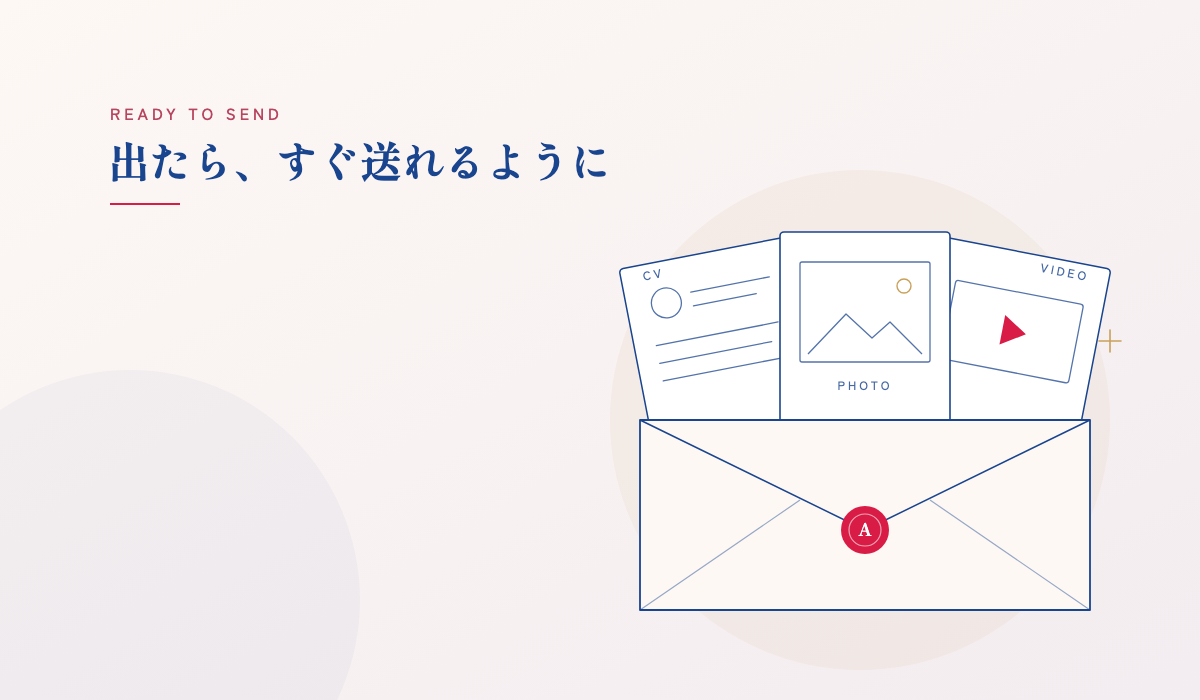 CV・写真・動画を入れた封筒のイラスト。募集が出たらすぐ送れる準備